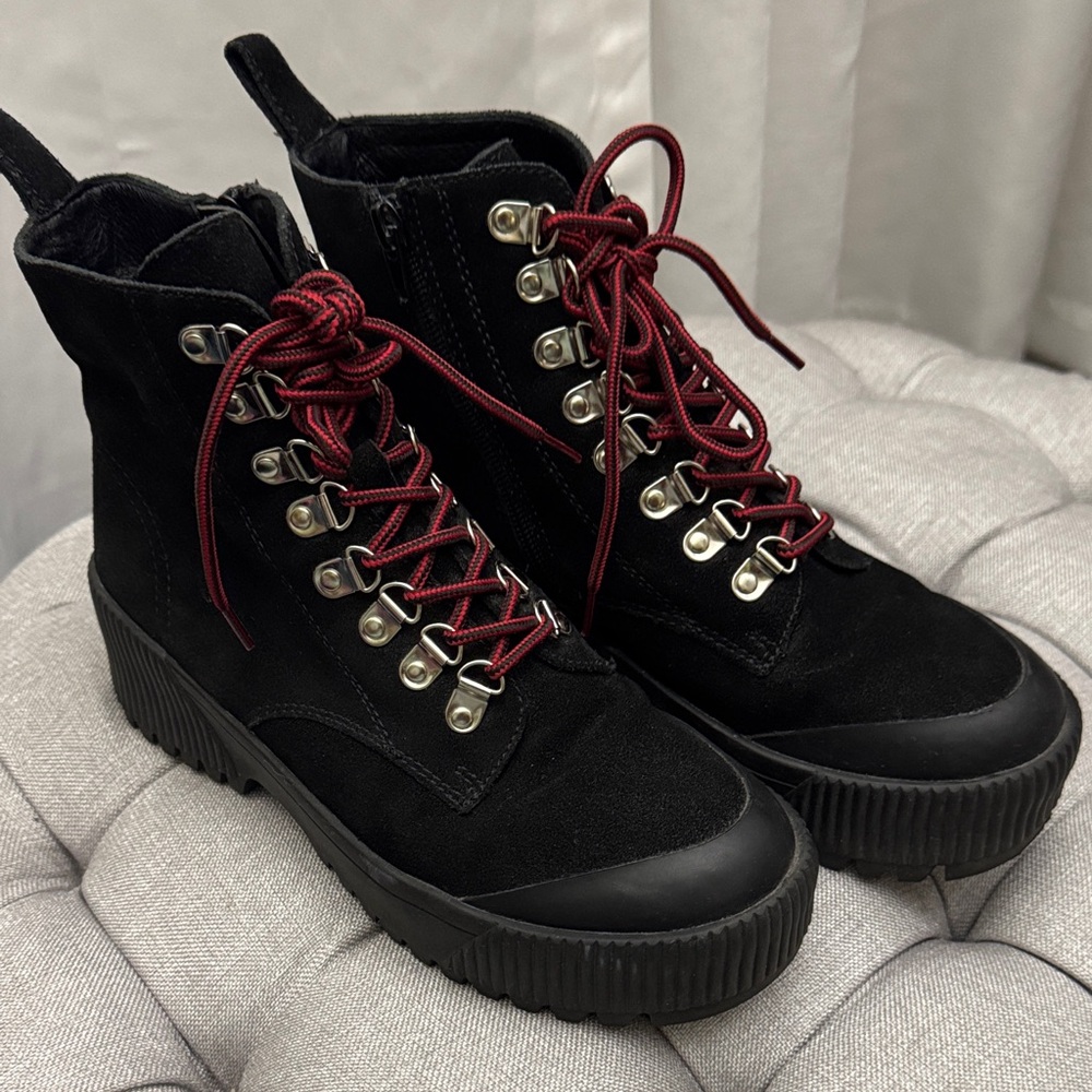 Jeffrey Campbell Black Moto Boots with Burgundy Laces